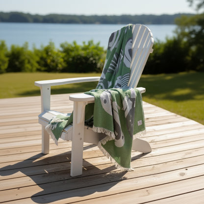 Premium authentic turkish cotton muslin beach towel fish with green gray white pattern and fringed edges