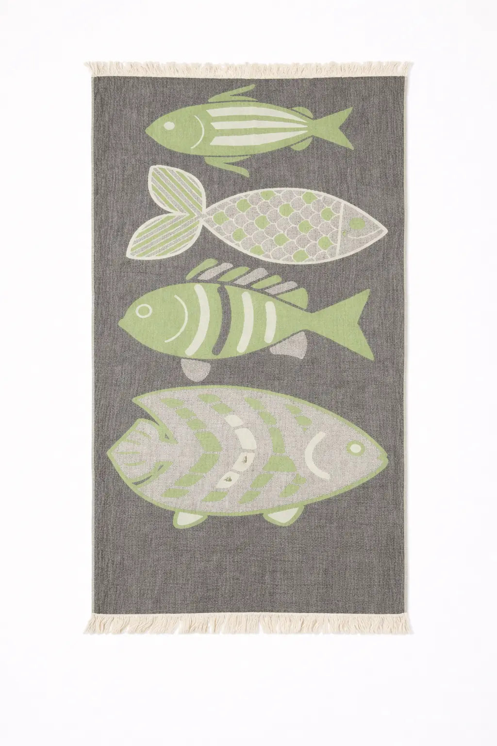 Gray woven turkish cotton beach towel with four light green and white stylized fish perfect as a sand repellent beach blanket