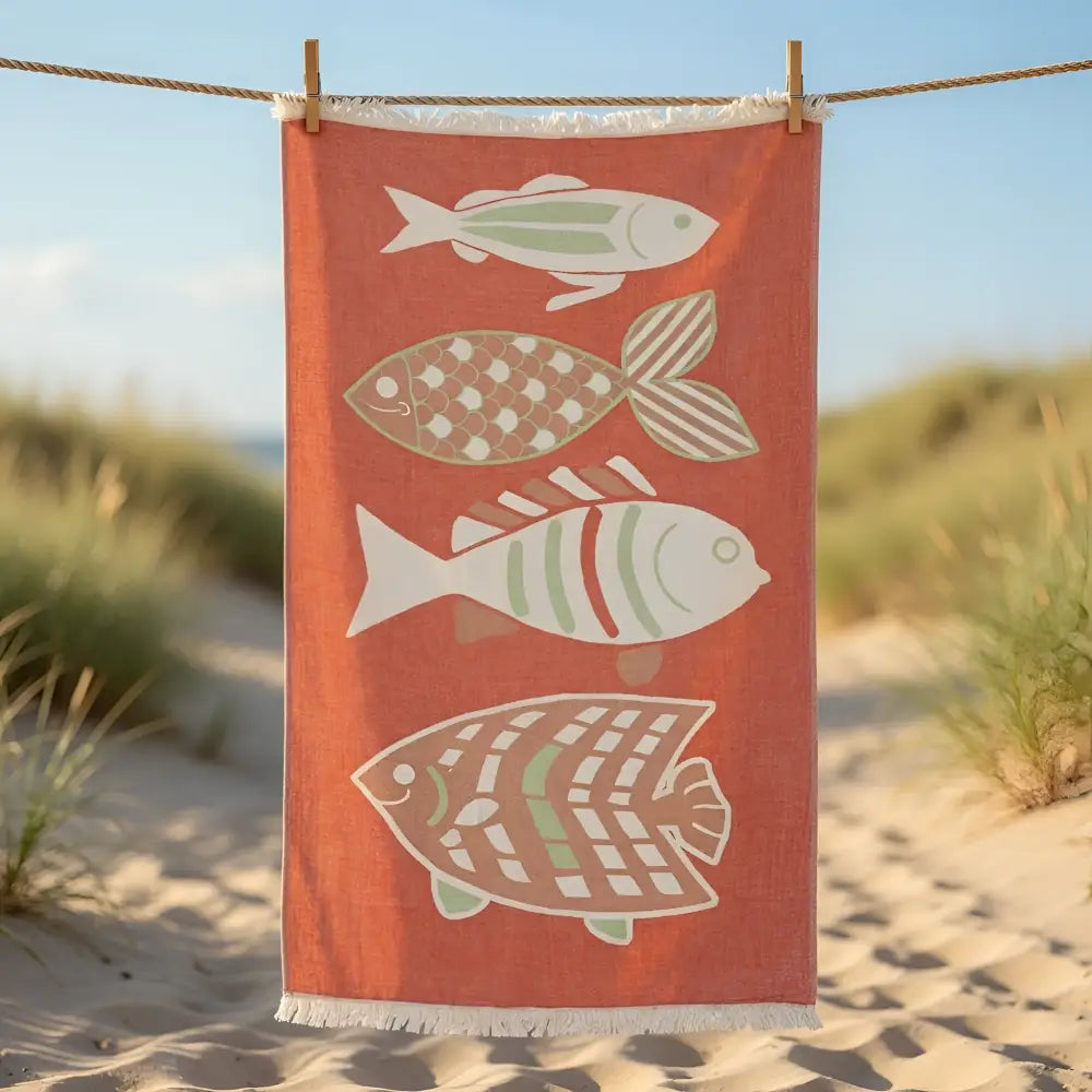 A coral-colored premium authentic turkish cotton muslin beach towel with fringed edge and fish design hanging on a line