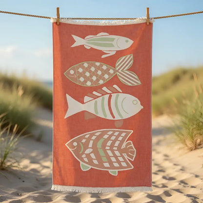 A coral-colored premium authentic turkish cotton muslin beach towel with fringed edge and fish design hanging on a line