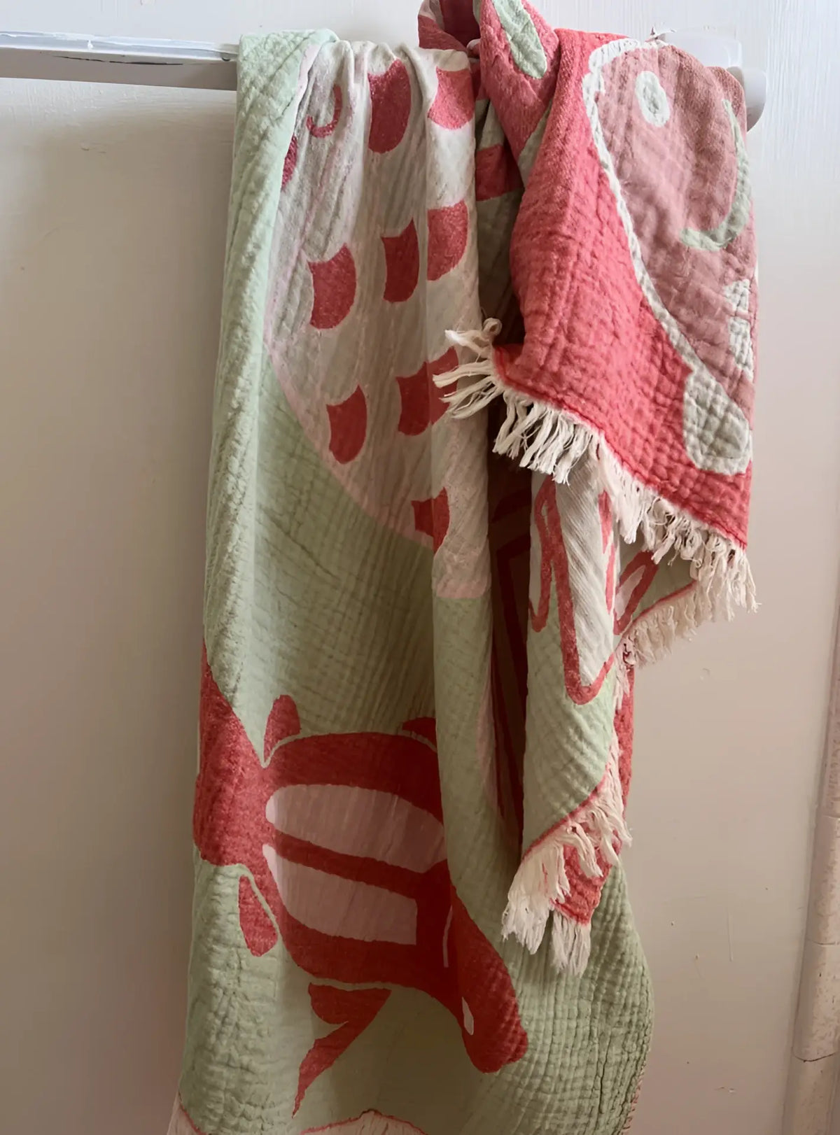 Premium authentic turkish cotton muslin beach towel with pink and mint green whale pattern and white fringe