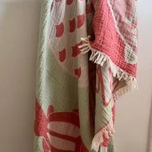 Premium authentic turkish cotton muslin beach towel with pink and mint green whale pattern and white fringe