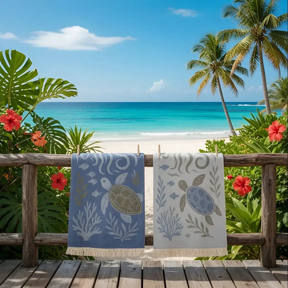 Two premium authentic turkish muslin beach towels in soft blue and off-white with sea turtle designs made of premium turkish cotton