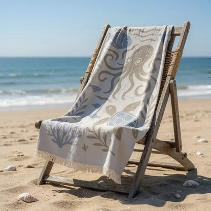 Beige premium authentic turkish muslin cotton beach towel with gray sea creatures print on wooden lounge chair