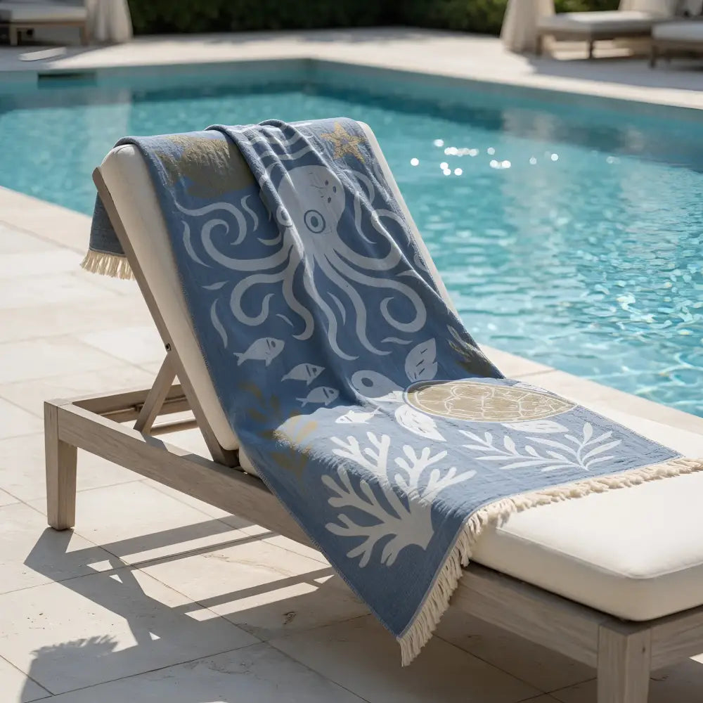 Premium authentic turkish muslin beach towel in blue with white and gold sea creature patterns and fringed edges
