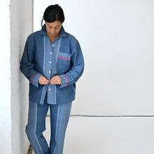 Blue striped turkish cotton hand loomed loungewear set with pink trim