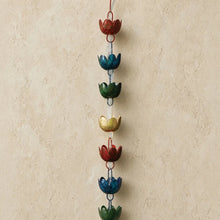 Premium rain chain with colorful metallic lotus hand-painted lily cups in red blue green and gold handcrafted metal design