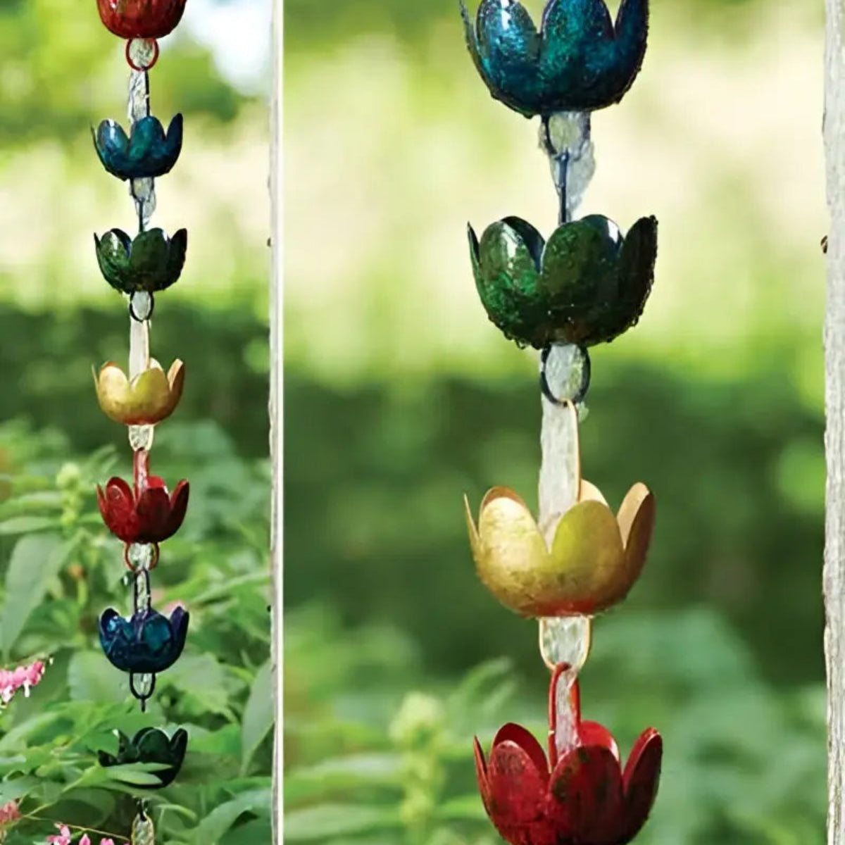 A colorful multicolor lily cup rain chain with glass-like red blue green and gold lotus-shaped petals