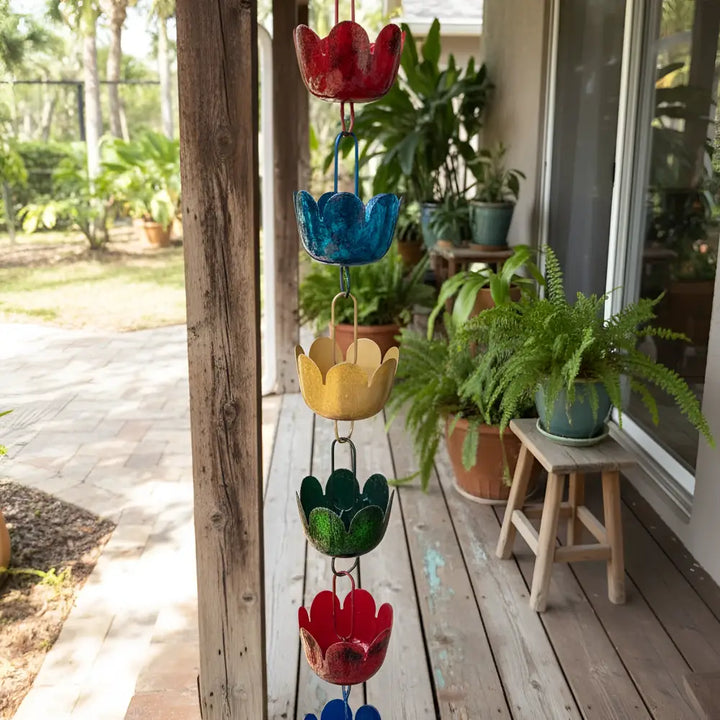 Premium rain chain with colorful metal lily cup rain chimes in red blue yellow green for decorative cup rain chain use