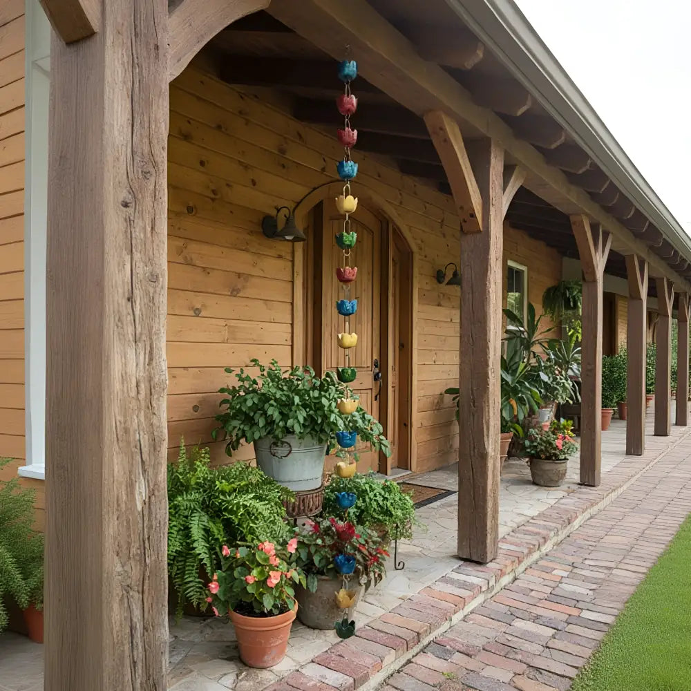 Premium rain chain featuring colorful lily cup rain made of painted ceramic cups hanging from a wooden porch roof