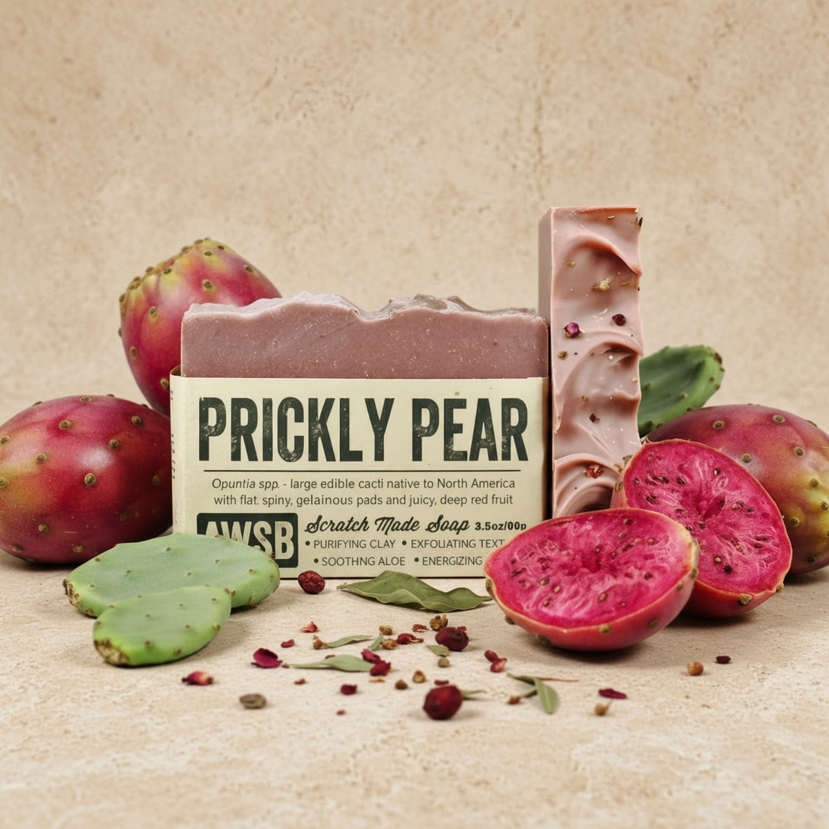 Rectangular pinkish-purple prickly pear bar soap with embedded red fruit pieces and rose kaolin clay for soothing use