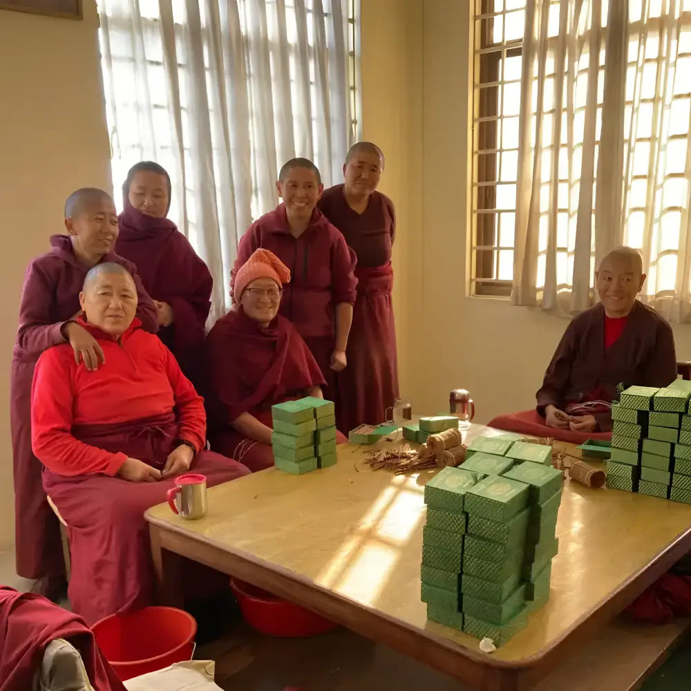 Stacks of green rectangular pure natural incense blocks made by tibetan nuns from khachoe ghakyil ling nunnery