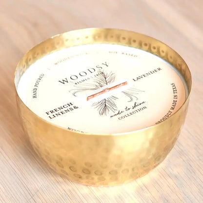 Gold hammered bowl soy candle with wooden wick in solid brass bowl and crushed thyme