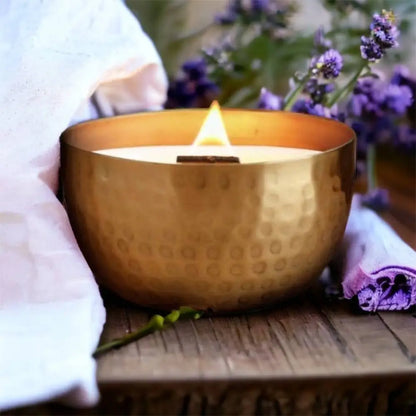 Hammered brass bowl soy candle with wooden wick and crushed thyme herb for cozy vibes