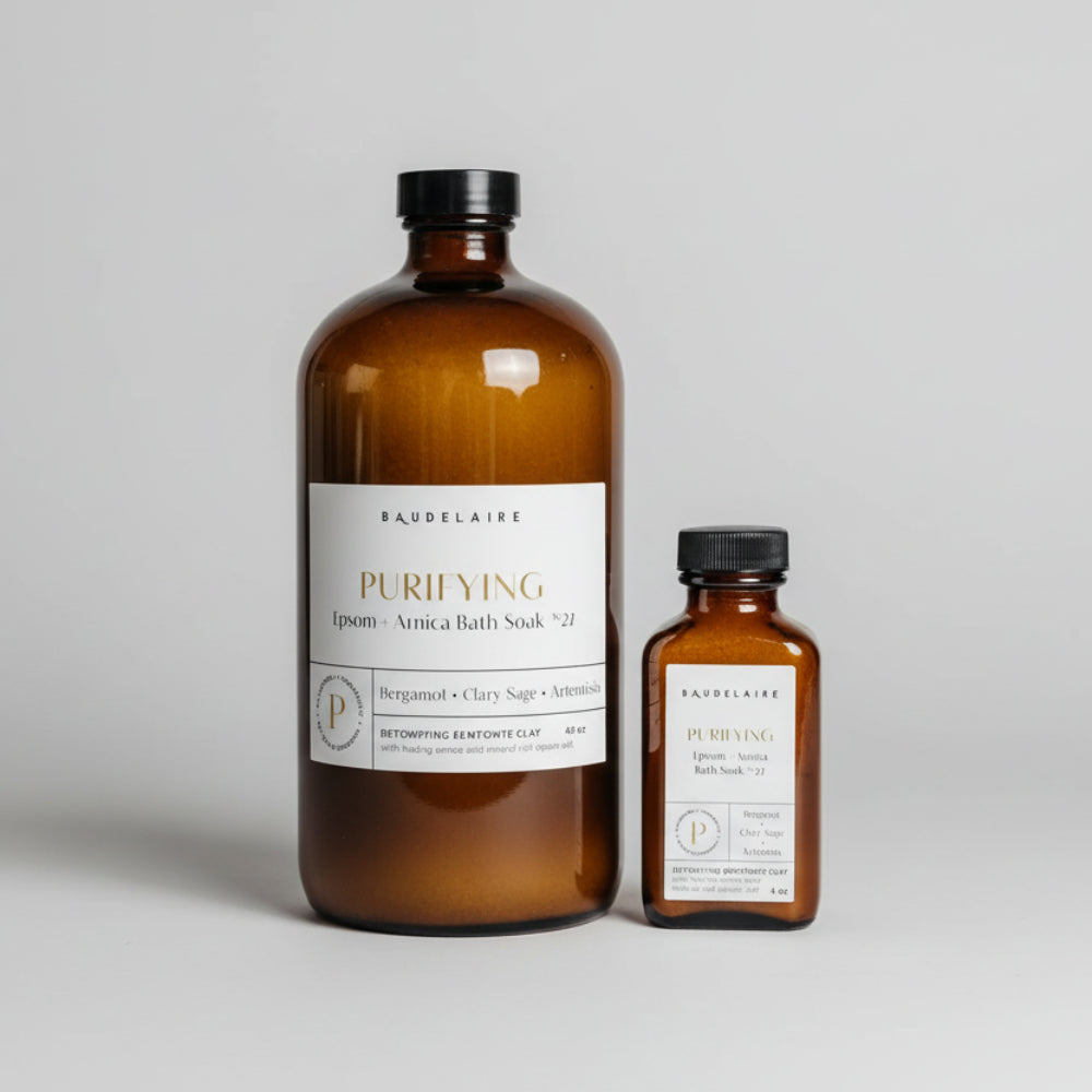 Handmade Baudelaire Purify Epsom + Arnica bath soak bottle with bentonite clay