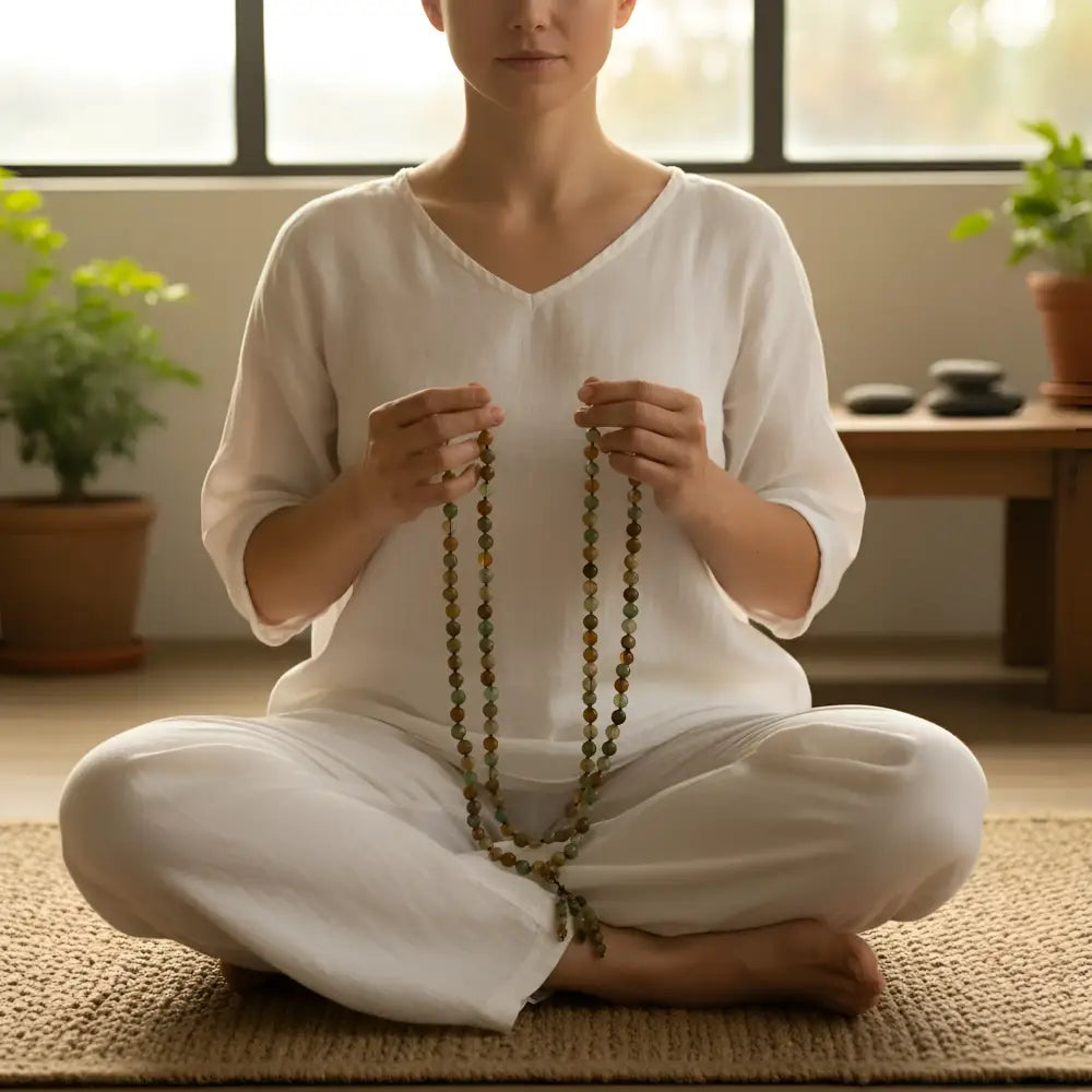 A long rainbow agate mala necklace with smooth earth-toned rainbow agate beads and a green beaded tassel