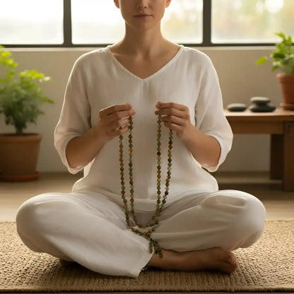 A long rainbow agate mala necklace with smooth earth-toned rainbow agate beads and a green beaded tassel