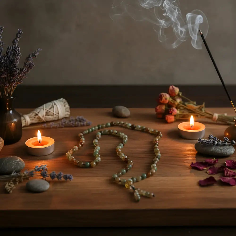 A rainbow agate mala necklace with translucent green and amber-colored beads and a beaded tassel on wood