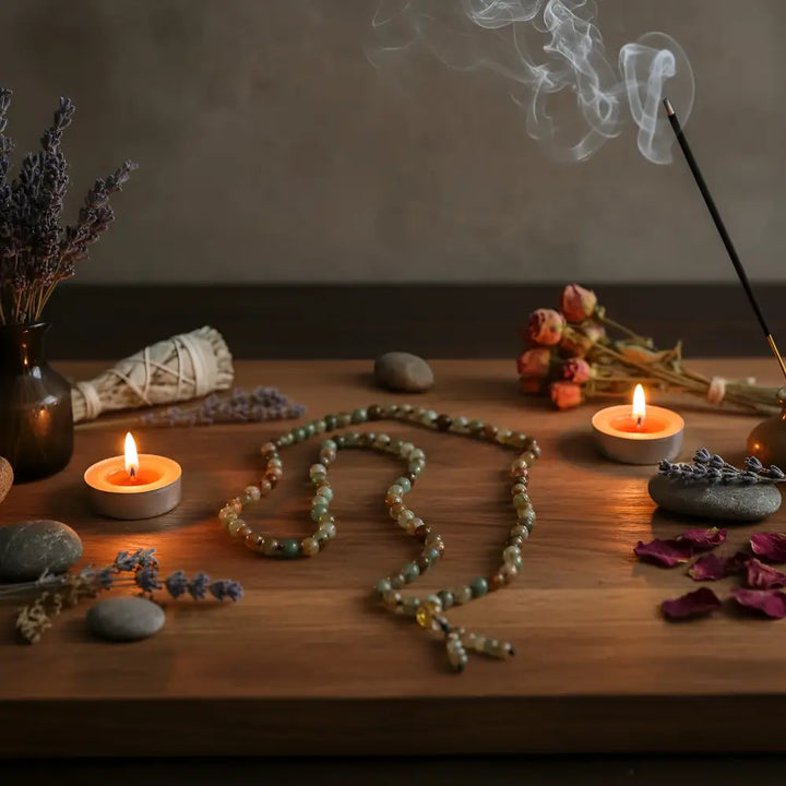 A rainbow agate mala necklace with translucent green and amber-colored beads and a beaded tassel on wood