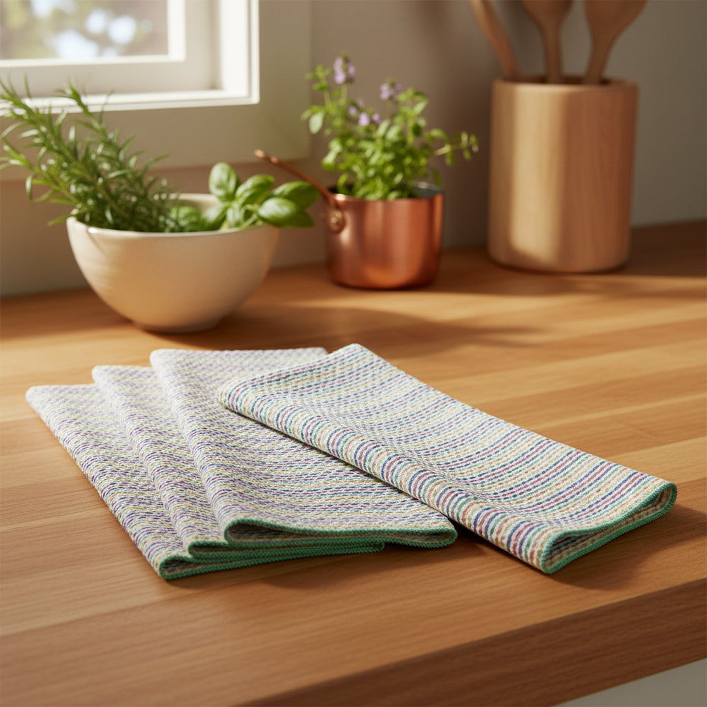 Set of four striped woven napkins in pastel hues with a textured, multicolored pattern.