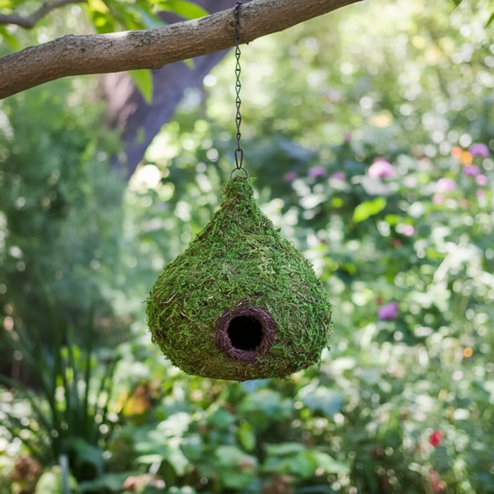 Lush supermoss woven birdhouse with raindrop design, fresh green moss and orange flower