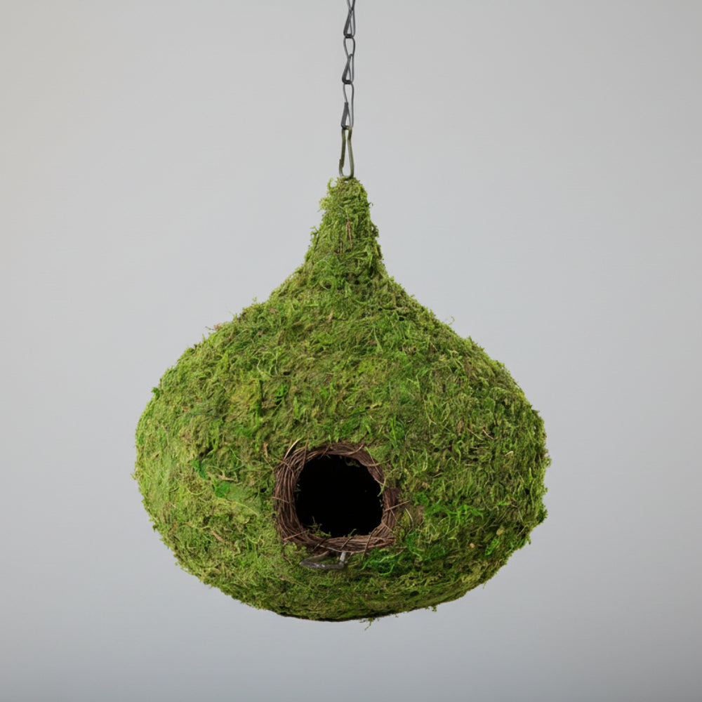Raindrop woven birdhouse in fresh green with mossy twig entrance