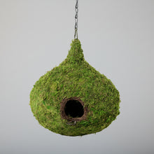 Raindrop woven birdhouse in fresh green with mossy twig entrance