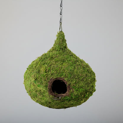 Raindrop woven birdhouse in fresh green with mossy twig entrance