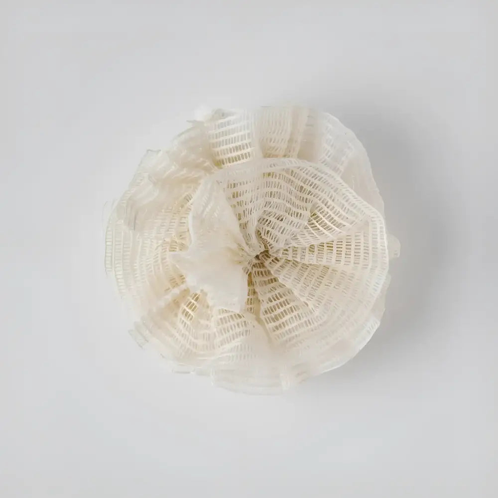 Off-white textured mesh Ramie Shower Pouf with ruffled flower design for natural exfoliation