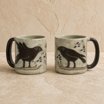 Handcrafted mara ceramica raven stoneware xl sturdy mug with matte gray glaze and black bird silhouettes on textured surface
