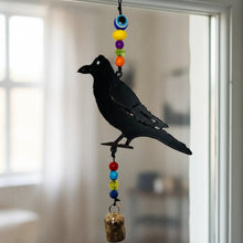 Black metal crow wind chime with colorful beads and genuine bell handmade from recycled metal unique usa gift