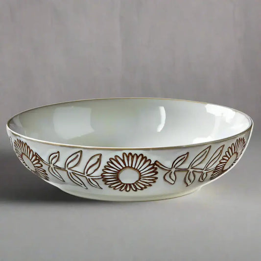 White hand painted ceramic reactive glaze serving bowl with brown floral design