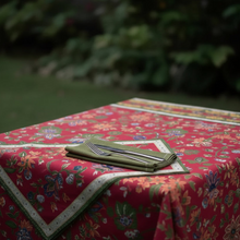 Red floral block print placemats in cotton canvas with intricate hand block-printed florals and olive green napkin