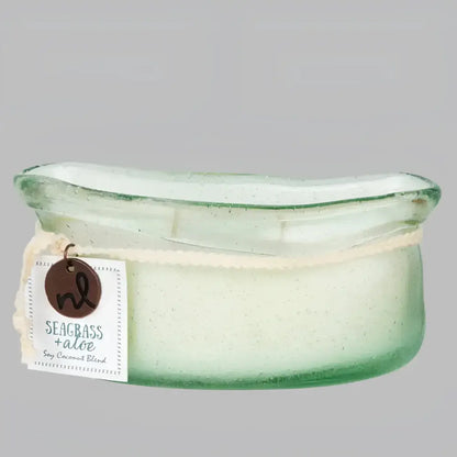 Seagrass and aloe scented soy coconut blend candle in green glass dish for Refuge Gift Set