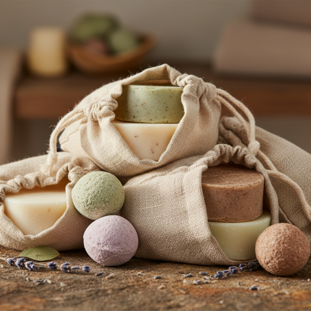 remove jars and add soap bars in soap bags piled