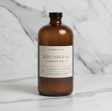 Sleek amber Baudelaire Replenish Coconut Bath Soak bottle, handmade 40oz