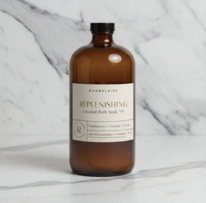 Sleek amber Baudelaire Replenish Coconut Bath Soak bottle, handmade 40oz