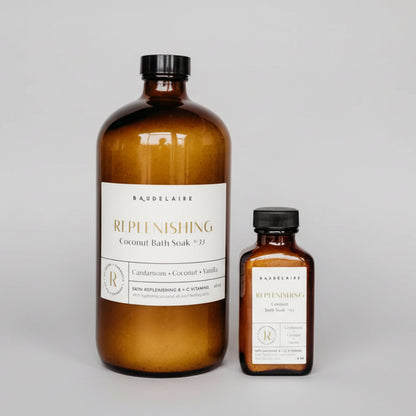 Handcrafted Baudelaire Replenish Coconut Soak in eco-friendly amber glass bottle