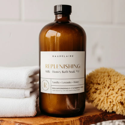 Handcrafted Baudelaire Replenish Milk + Honey Bath Soak in amber bottle on tray