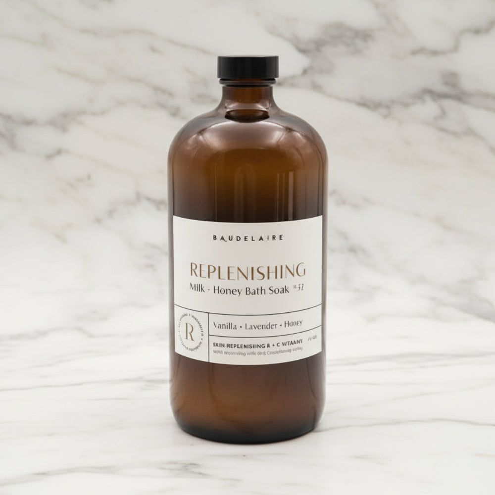 Handcrafted Baudelaire vanilla-lavender-honey bath soak bottle, 40oz Replenish