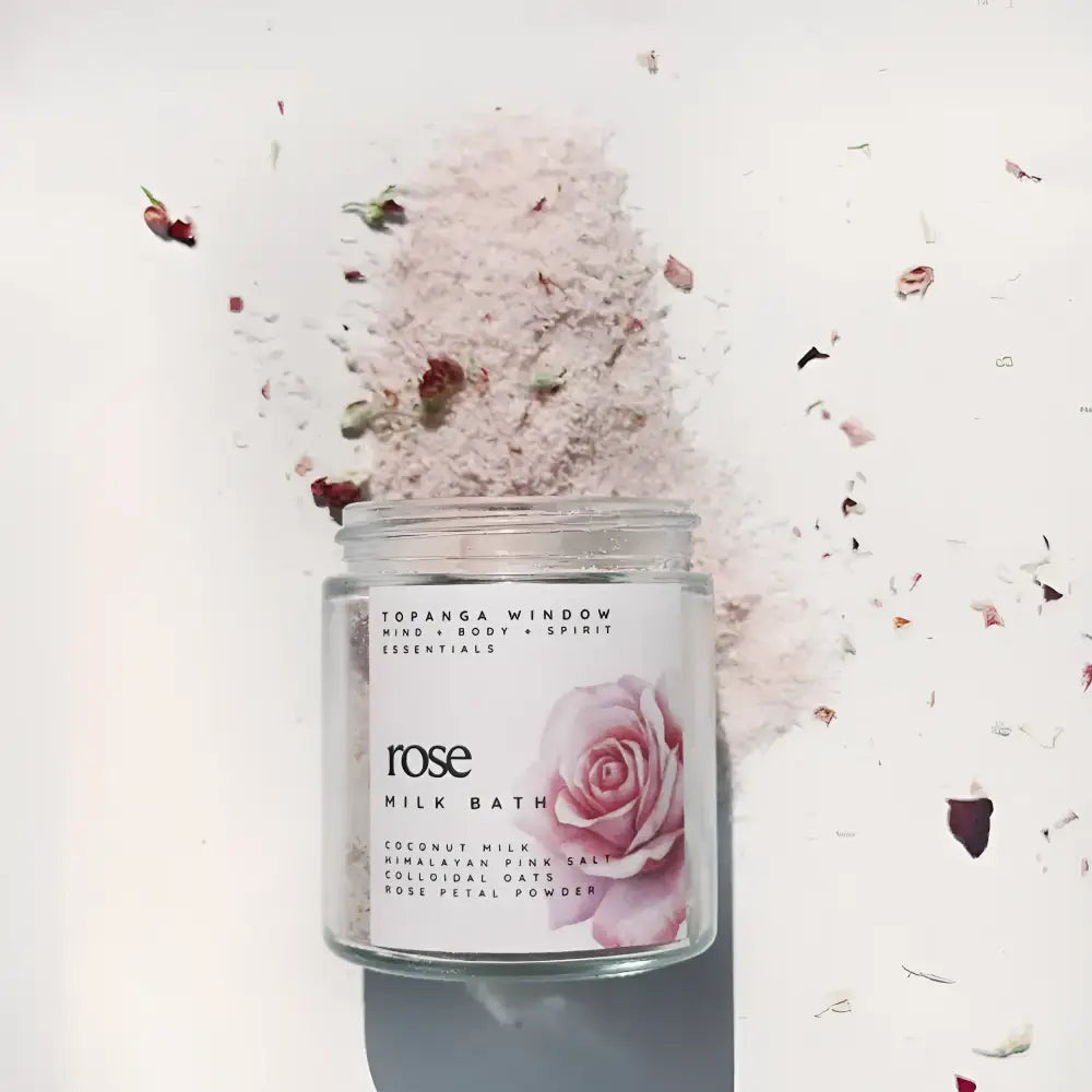 Handcrafted Topanga Window Rose Milk Bath jar with pink powder and petals