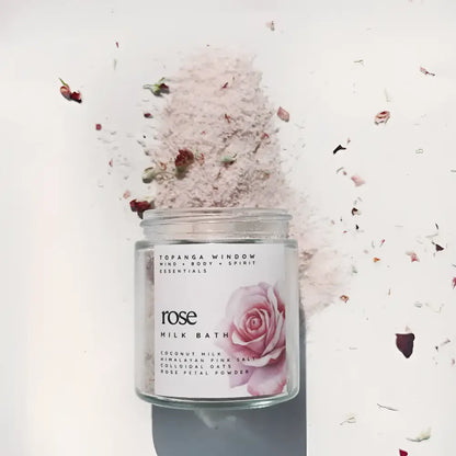 Handcrafted Topanga Window Rose Milk Bath jar with pink powder and petals
