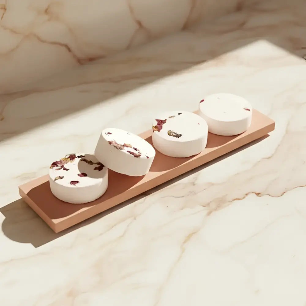Handcrafted white bath bombs with rose petals on wood tray, Rose Retreat Nest set