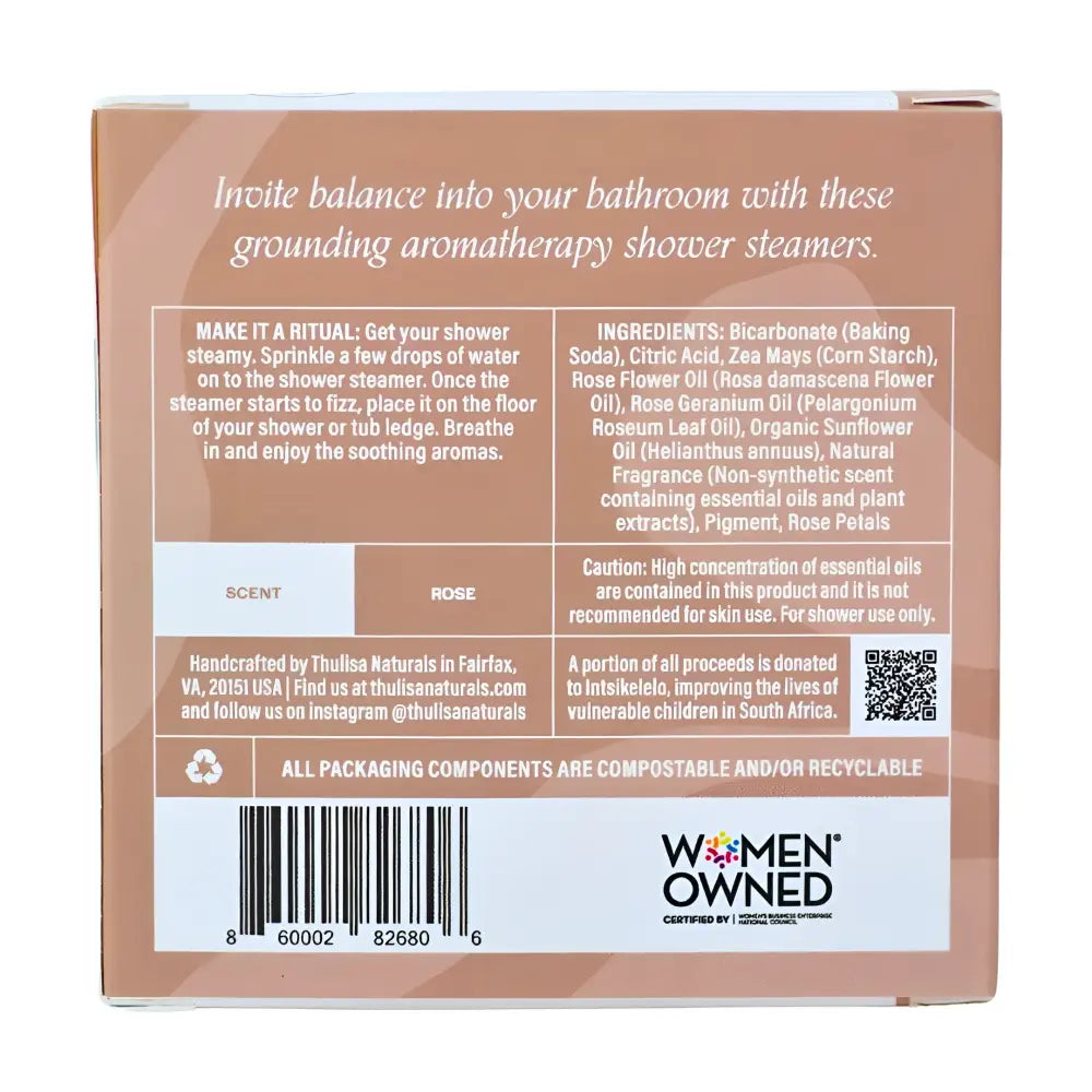 Rose-scented aromatherapy shower steamer box in beige and brown tones, 4-pack gift set with biodegradable packaging