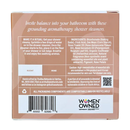 Rose-scented aromatherapy shower steamer box in beige and brown tones, 4-pack gift set with biodegradable packaging