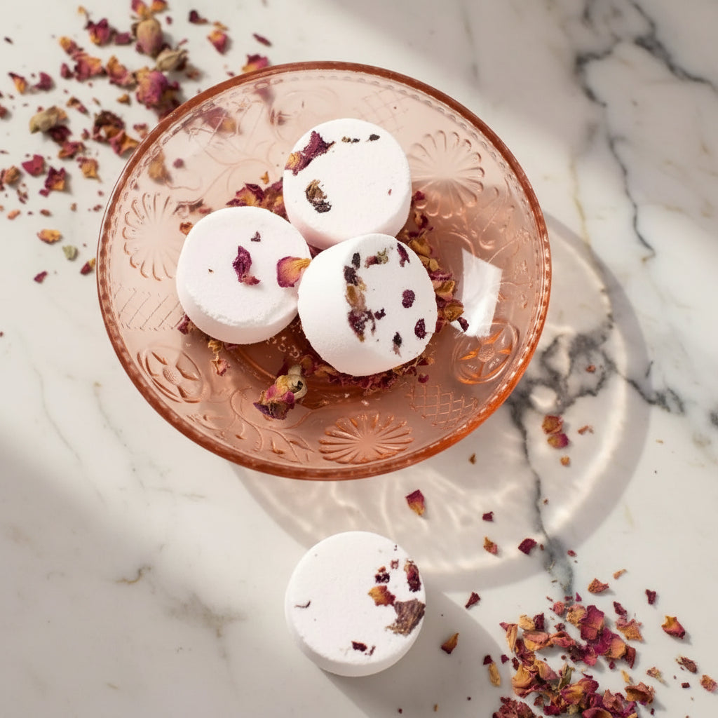 White rose bath bomb topped with dried petals in vintage glass dish