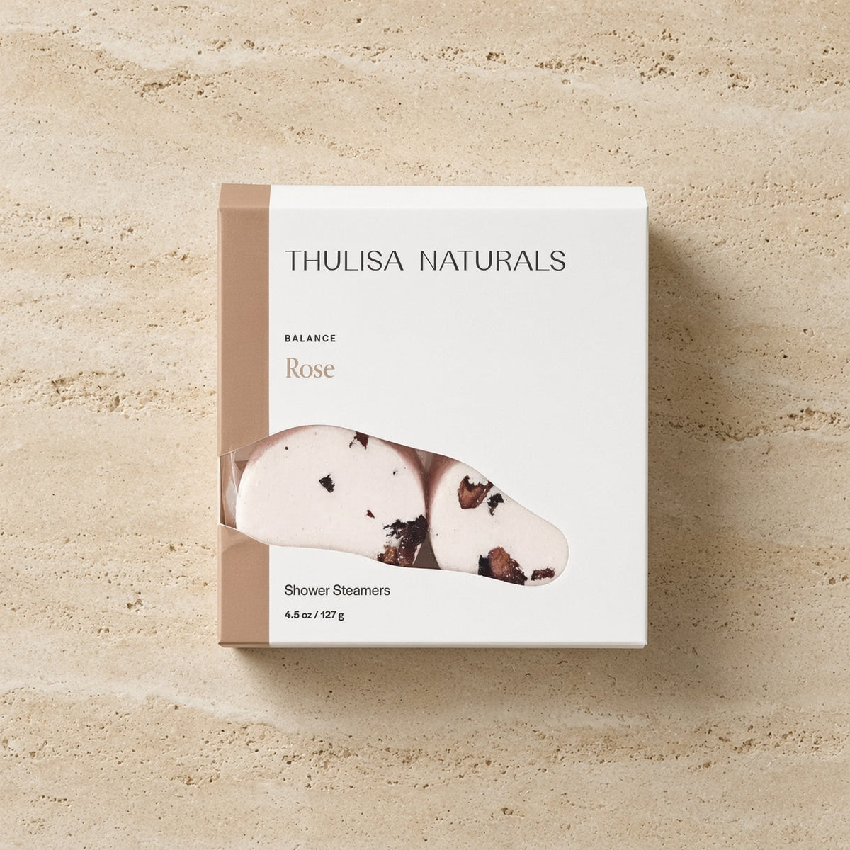 Thulisa naturals rose shower steamers 4 pack set with pale pink bath bombs in minimalist natural ingredients pack box