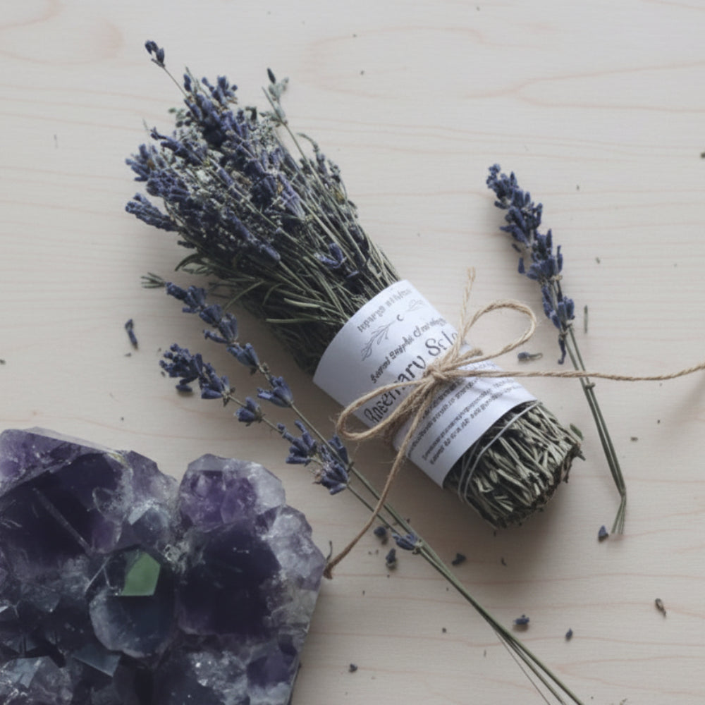Handmade rosemary and lavender sacred smoke cleansing stick with dried lavender bundle tied in green ribbon