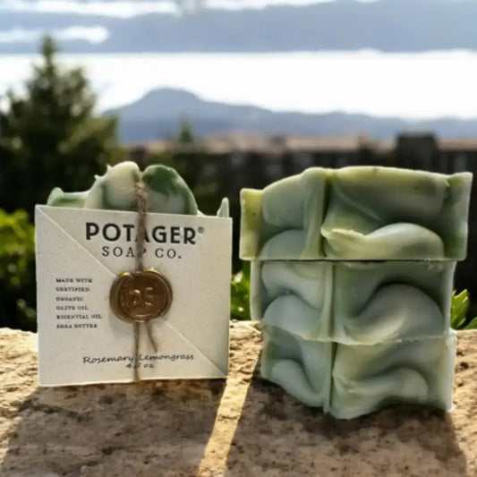 Green and white Rosemary Lemongrass Soap Bar with lemongrass essential oils and potager vibe