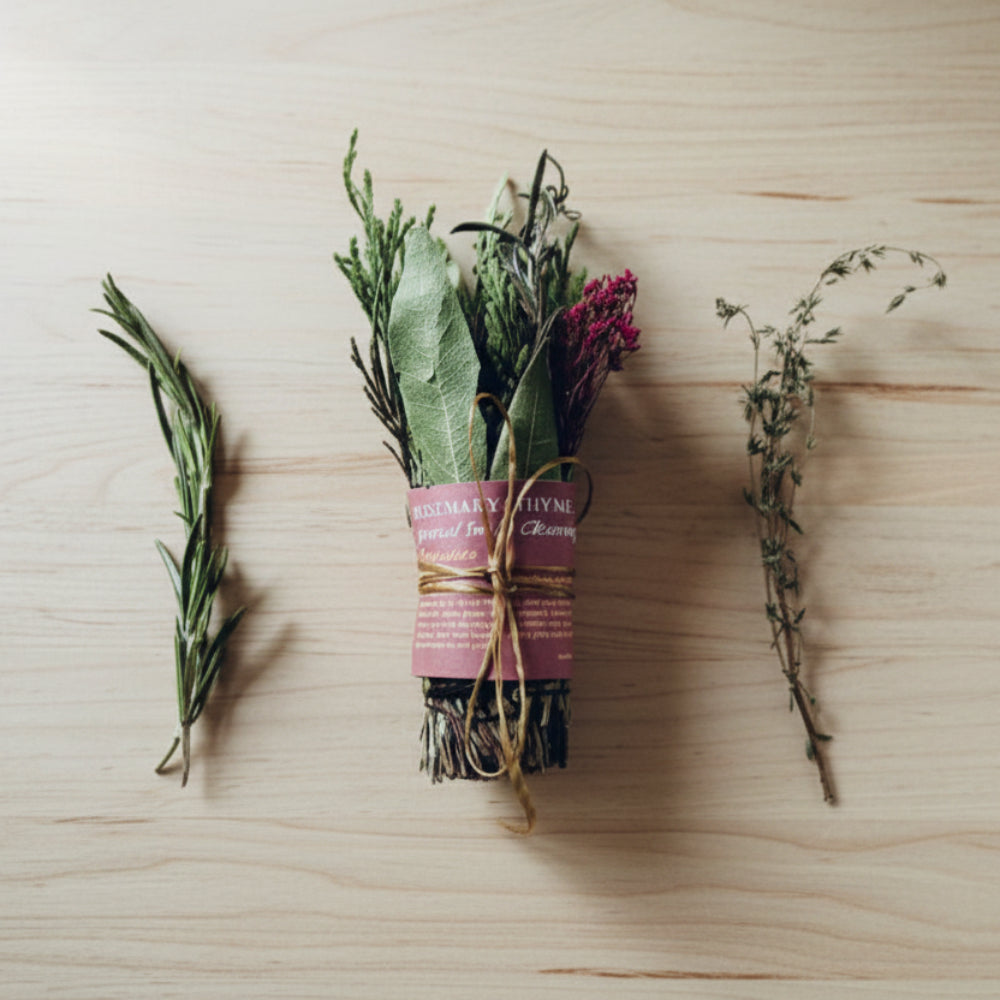 Handmade eco-friendly rosemary smoke cleansing bundle with thyme, sage, twine